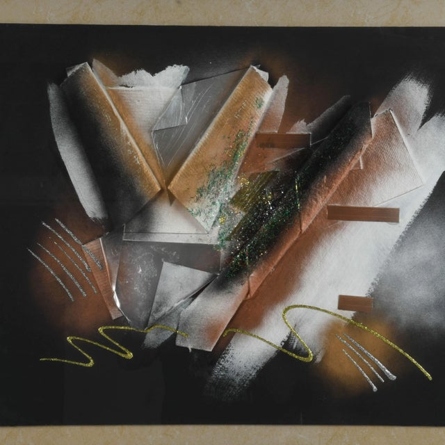 This Framed Signed 3D Abstract-Style Mixed Media Painting features a dynamic arrangement of layered forms in metallic,...