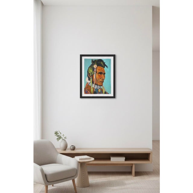 Turquoise 1970s "Spider – Blood Indian" – Original Blackfoot Warrior Oil Portrait by Steve LeBailly For Sale - Image 8 of 8