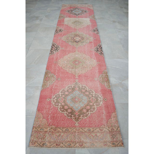 Textile 3x12 Vintage Oushak Runner Rug Coral Pink Hallway Runner Authentic Turkish Rug For Sale - Image 7 of 13