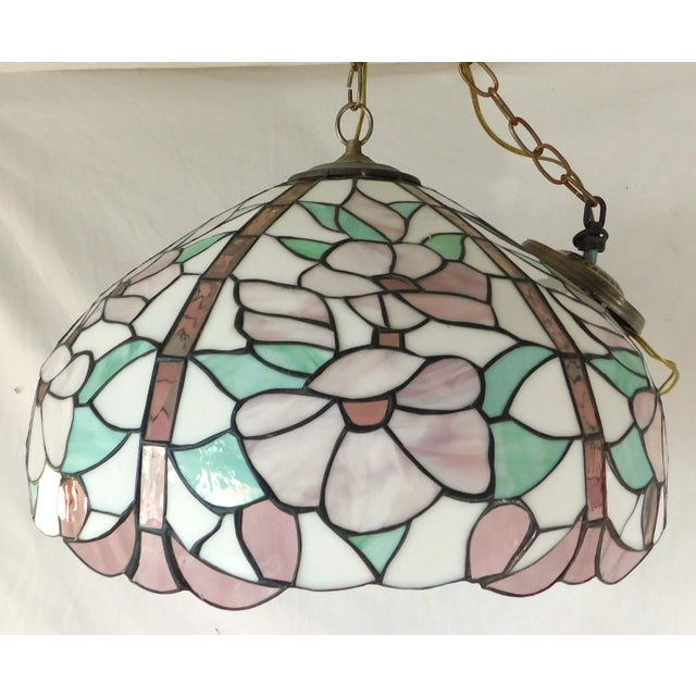 Mid 20th Century Pink Green & White Floral Stained-Glass Chandelier For Sale - Image 10 of 10