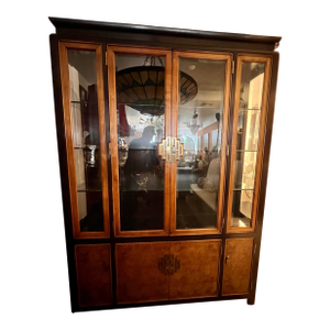Tall Burl Brass and Glass Lighted Display Cabinet by Century Furniture