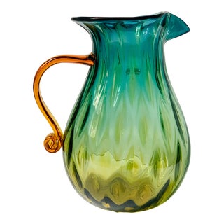 2004 Winslow Anderson for Blenko Desert Green Optic Glass Pitcher With Applied Amber Handle 9529, Artist Signed For Sale