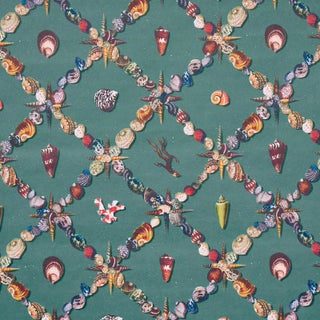 Schumacher Grotto Treillage Wallpaper, Multi on Teal For Sale