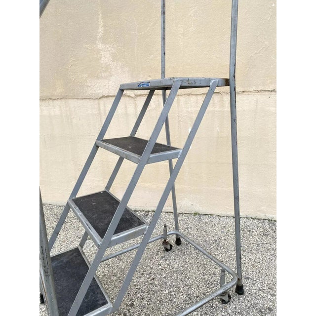 Metal Vintage Ballymore Warehouse Garage 4 Step Metal Rolling Safety Ladder With Rails For Sale - Image 7 of 10