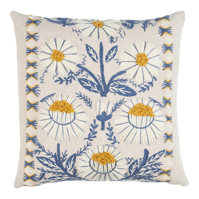 Schumacher Marguerite Embroidery 20" Pillow in Blue & Ochre For Sale