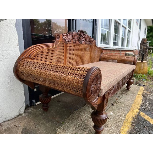 Wood Antique British Anglo Indian Carved Mahogany Cane Seat and Back Settee For Sale - Image 7 of 18