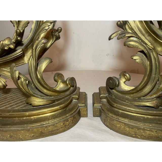 Pair of Antique 19th Century Ornate Rococo Gilt Bronze Fireplace Andirons Brass For Sale - Image 11 of 15