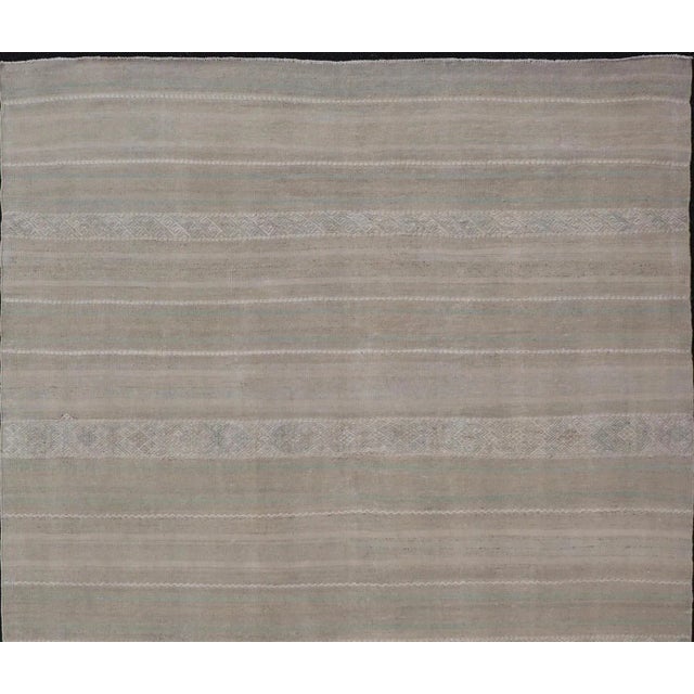 Mid 20th Century Turkish Flat-Weave Kilim in Muted Colors With Stripes and Embroideries For Sale In Atlanta - Image 6 of 10