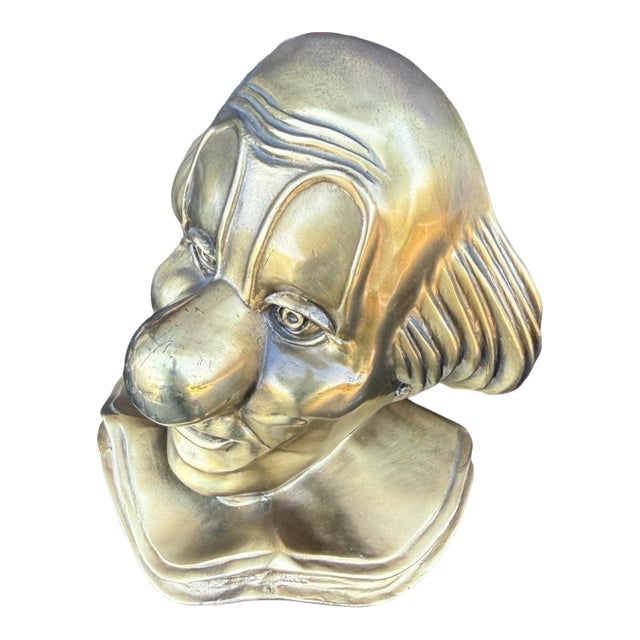Vintage Solid Brass Clown Bust Sculpture Figure Wall Plaque 8" Heavy Circus 70s For Sale