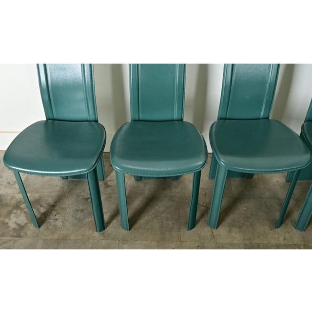 Metal Vintage Italian Turquoise Leather Postmodern Dining Chairs - Set of Six For Sale - Image 7 of 12