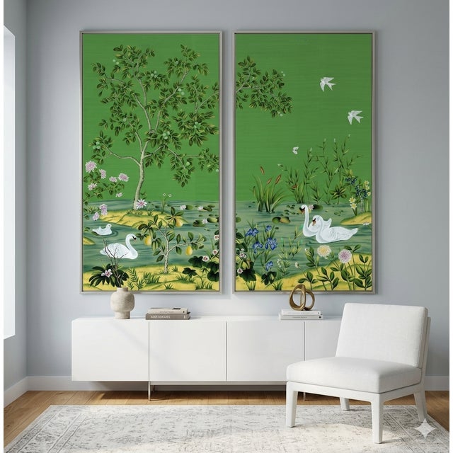 Paper W20"*h40", Serene Garden Swan Chinoiserie Art Panel Set (2 Panels Without Frame),Tea Paper For Sale - Image 7 of 8