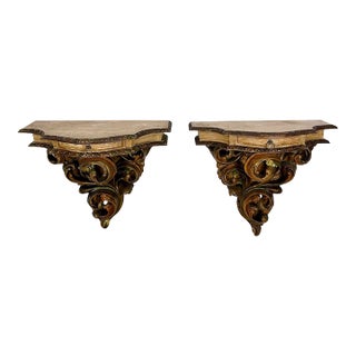 Pair of Italian Polychromed Wall Pedestals With Marble Tops, Mid-20th Century For Sale