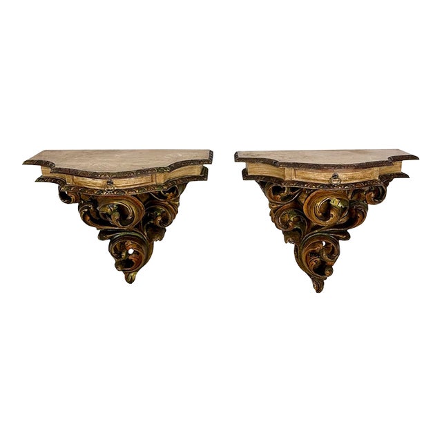 Pair of Italian Polychromed Wall Pedestals With Marble Tops, Mid-20th Century For Sale