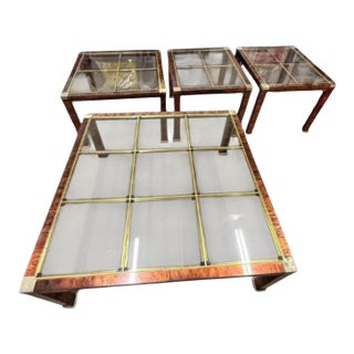 Rare 1970s Hollywood Regency Flamed Burl Wood, Copper, Brass, and Glass 4-Piece Table Set For Sale