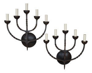 Vintage French Brutalist Five-Arm Wrought Iron Wall Lamps, 1950s, Set of 2