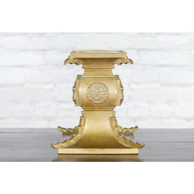 Brass Japanese Meiji Period Brass Candle Holder with Scrolls and Medallions For Sale - Image 8 of 13