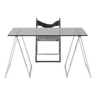 Chromed Trestles Table and Folding Chair by Elios Colle Delsa, 1970s, Set of 2 For Sale