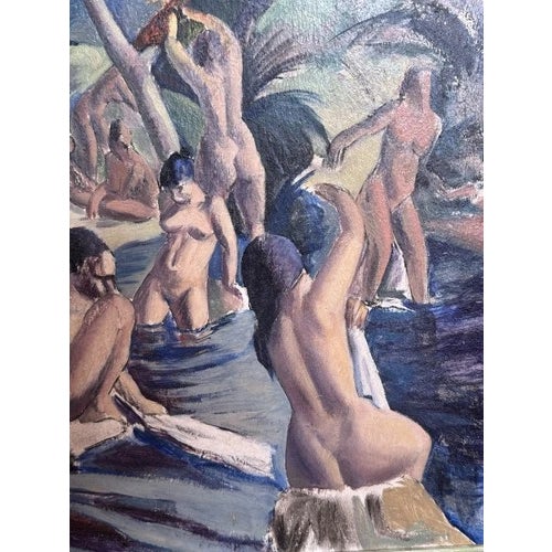 Art Deco Antique 1925 Clement Haupers Oil on Board Art Deco Bathers Framed & With Labels For Sale - Image 3 of 10