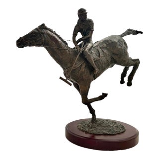 Late 20th Century Jockey on Horse Sculpture Vintage Metal Rider Equestrian Figurine on Wooden Base For Sale