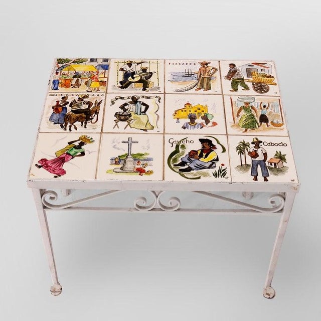 Antique Arts & Crafts Spanish Wrought Iron & Tile Top Table, Genre Scenes, 1930 For Sale - Image 11 of 18
