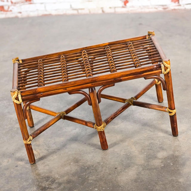 Late 20th Century Coastal Style Bench Rattan & Rawhide Wrapped by McGuire W/Removeable Cushion For Sale - Image 9 of 12