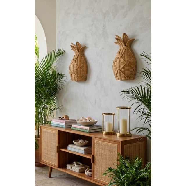 Pair of Vintage Palm Beach Style Woven Rattan Pineapple Wall Sconces For Sale - Image 9 of 11