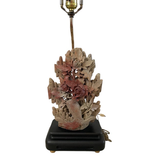Chinoiserie Vintage 1940s Chinese Soapstone Floral Table Lamp Wood Base Chinoiserie 31” For Sale - Image 3 of 8