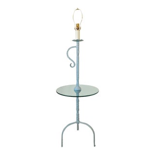 Vintage 1970s Light Blue Stone Finish Wrought Iron Candelabra Floor Lamp W/ Glass Top Table For Sale