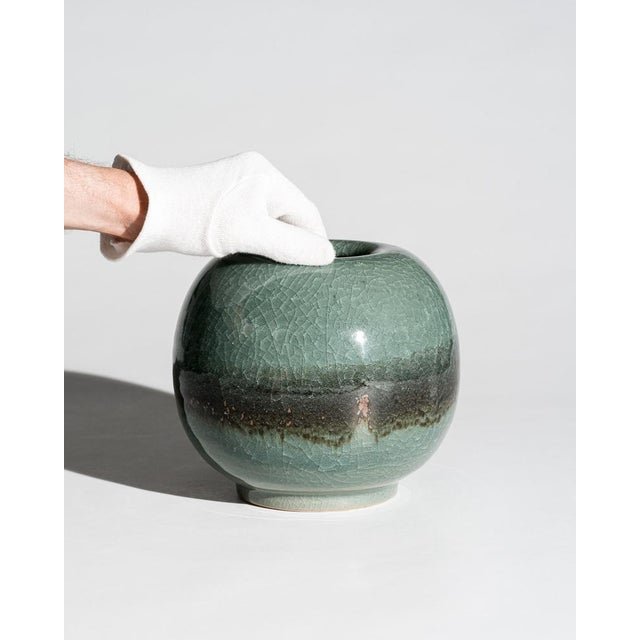 Celadon Crackle Glaze Ceramic Vase – Horst Kerstan, Germany, 1987 A beautifully balanced spherical studio ceramic vase...
