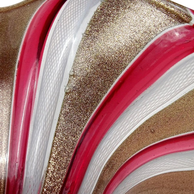 Mid 20th Century Vintage Italian Art Glass Footed Bowl Murano Glittery Copper Aventurine Pink Red White Ribbons Dish For Sale - Image 5 of 8
