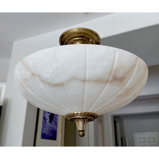 Metal 1970s French Directoire Style Alabaster Flushmount Ceiling Light For Sale - Image 7 of 16