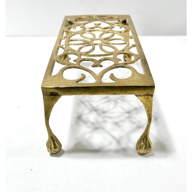 Vintage Brass Riser Fireplace Trivet Stand With Ornate Pierced Scrollwork – Footed Hot Plate, Plant Stand or Small Tabletop Riser For Sale In Louisville - Image 6 of 10