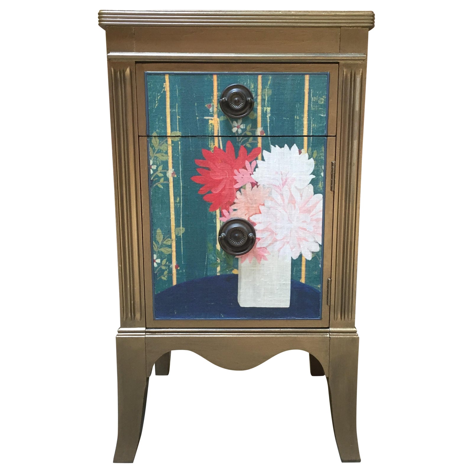 Metallic Gold Nightstand With Floral Linen Panel Chairish