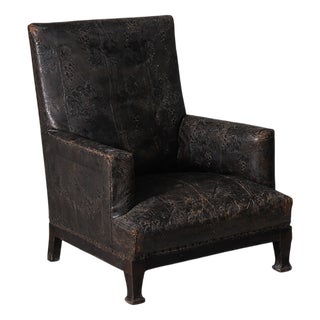 Antique Art Nouveau Italian Leather Armchair with Floral Decorations, 1905 For Sale