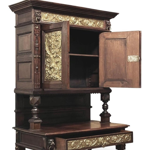 19th Century Flemish Renaissance Revival Secretary Bookcase in Solid Oak With Embossed Brass Panels For Sale - Image 12 of 13