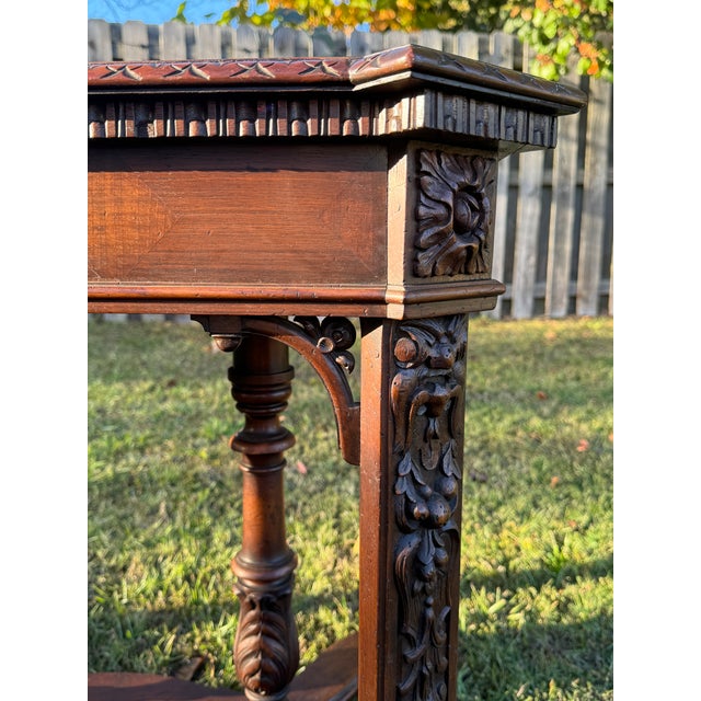 Fine Antique Early 1900s Victorian Mahogany Carved & Inlaid Marquetry Library Table For Sale - Image 14 of 18