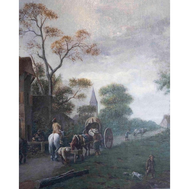 Flemish 18th Century Oil on Canvas, Suburban Street with Wayfarers For Sale - Image 4 of 12