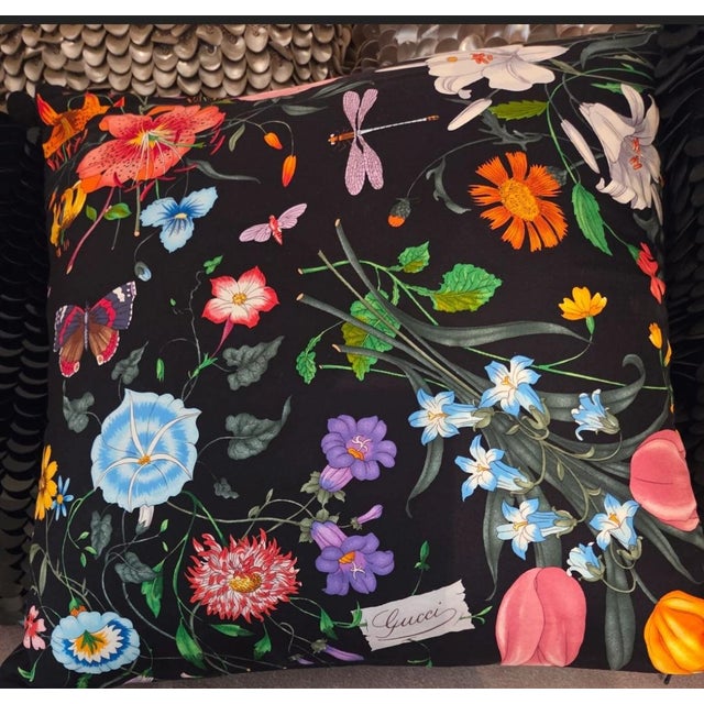 Textile Set of 3 Gucci “Flora” Silk-Twill Pillows — Black Multicolor F in Loral — Signed Gucci — 16 X16 For Sale - Image 7 of 7