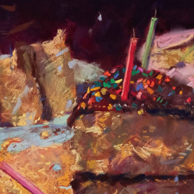 This artwork captures a moment of indulgence, featuring a partially consumed cake on a vibrant, chaotic table. The soft...
