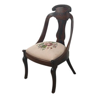 Antique Federal Style Carved Wood Side Chair With Floral Needlepoint Seat For Sale