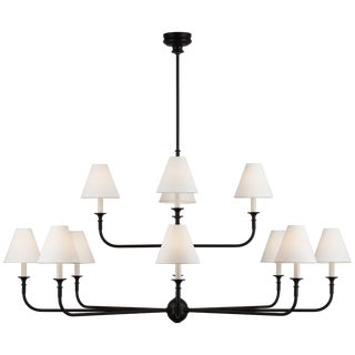 Thomas O'Brien for Visual Comfort Signature Piaf Grande Two-Tier Chandelier in Aged Iron & Ebonized Oak with Linen Shades For Sale