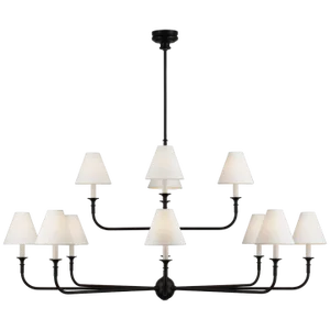 Thomas O'Brien for Visual Comfort Signature Piaf Grande Two-Tier Chandelier in Aged Iron & Ebonized Oak with Linen Shades