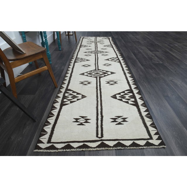 1970s Vintage Turkish Handmade Wool Cotton White Runner Rug For Sale - Image 4 of 11
