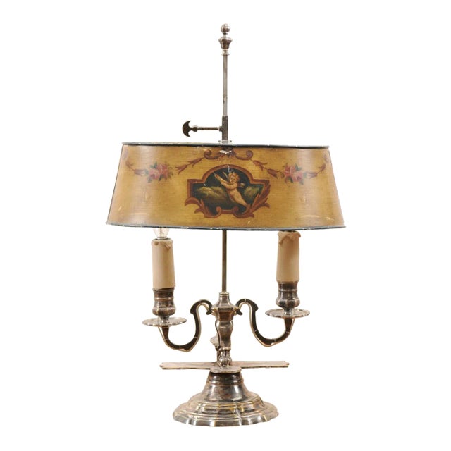 1850s French Napoléon III Painted Tole Two-Light Lamp with Cherub and Roses For Sale