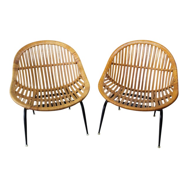 Troy Sunshade Company Mid Century Modern Rattan Wicker Basket Chairs