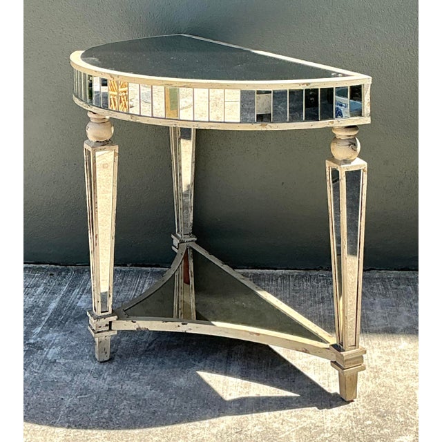 Wood Vintage Mirror Trimmed Demilune Console For Sale - Image 7 of 12