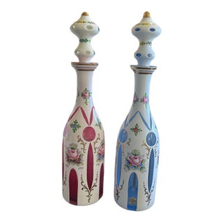 Vintage Mid-Century Bohemian White Overlay Cut-to-Color Decanters With Stoppers - Pair For Sale