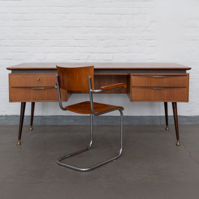 Large Mid-Century Modern Desk in Walnut Veneer and Brass, 1950s For Sale - Image 12 of 12