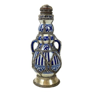 Mid-Century Moroccan Hand Painted Cobalt Ceramic Decanter with Wire Filigree Detailing, 1950s For Sale