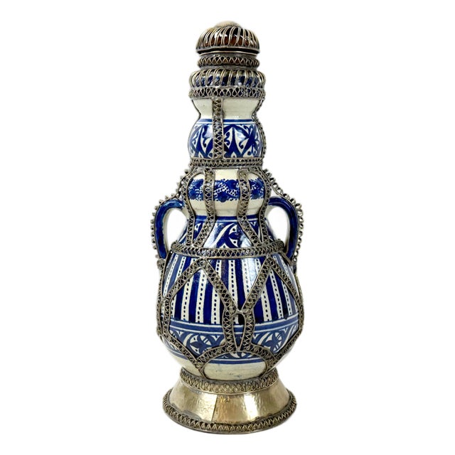 Mid-Century Moroccan Hand Painted Cobalt Ceramic Decanter with Wire Filigree Detailing, 1950s For Sale
